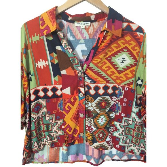 Christian Siriano Aztec Button Up Top Shirt Womens L Short Sleeve Crop Y2K 90s - Picture 3 of 6
